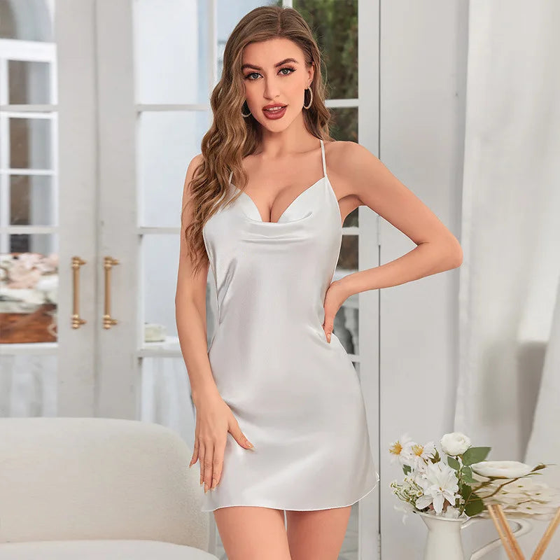 Sexy Short Backless Suspender Skirt Summer Ice Silk Thin Dress Women's Solid Color V-neck Home Nightgown Sleepwear Pjs Set