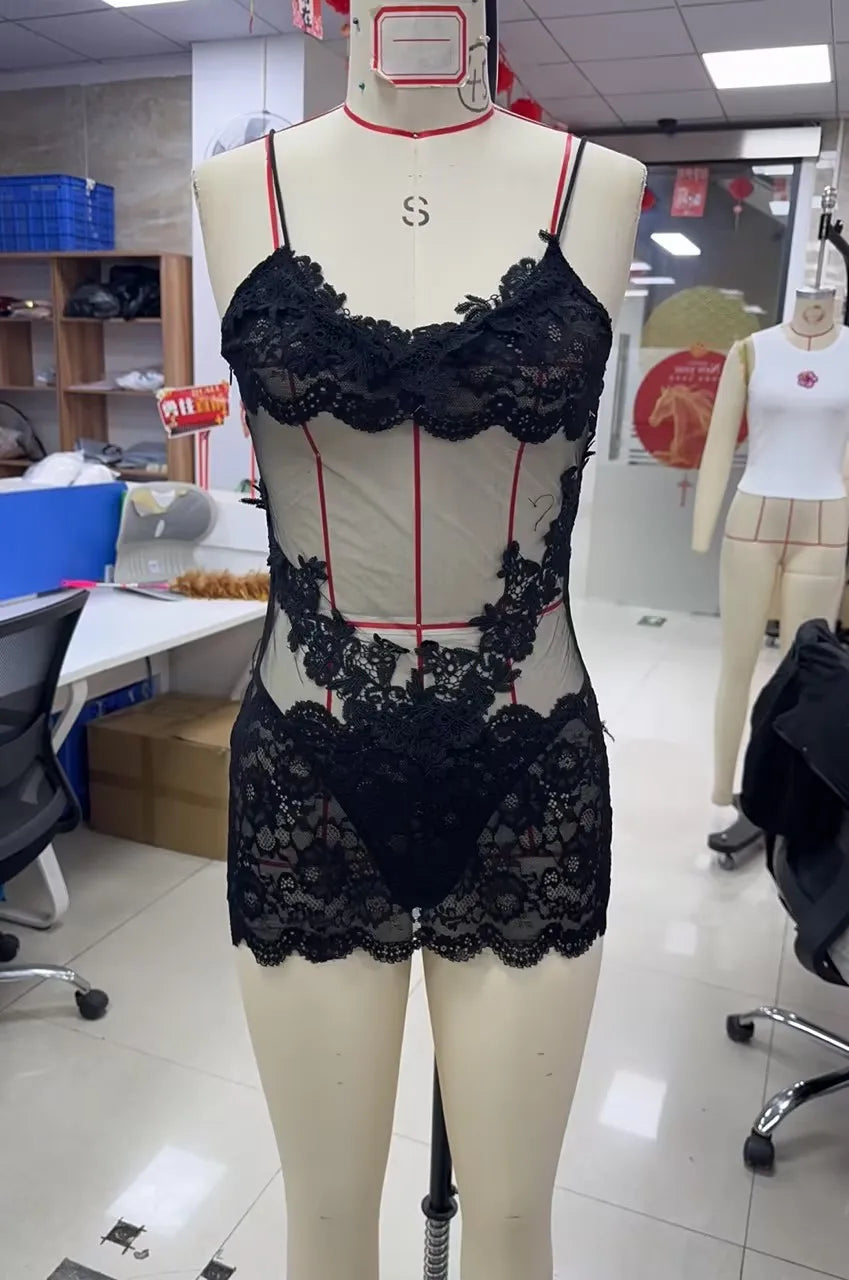The Sheer Lace Bodycon Slip & Thong Set