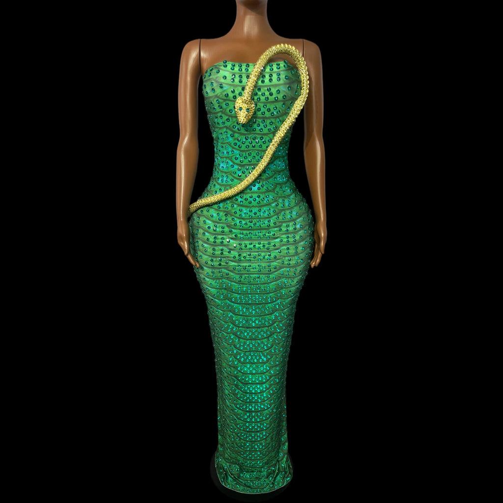 The Emerald Serpent Strapless Rhinestone Gown
