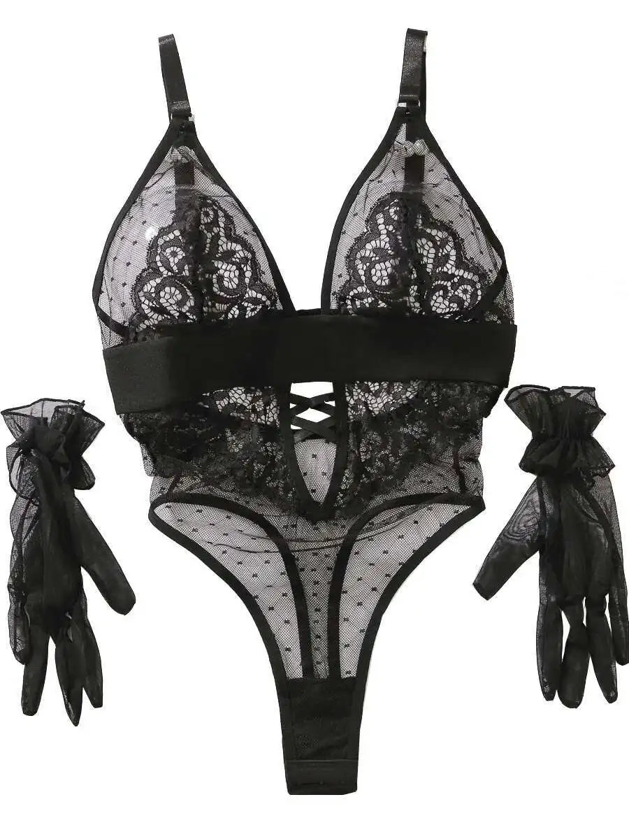 The Lace Enigma Dotted Mesh Bodysuit
