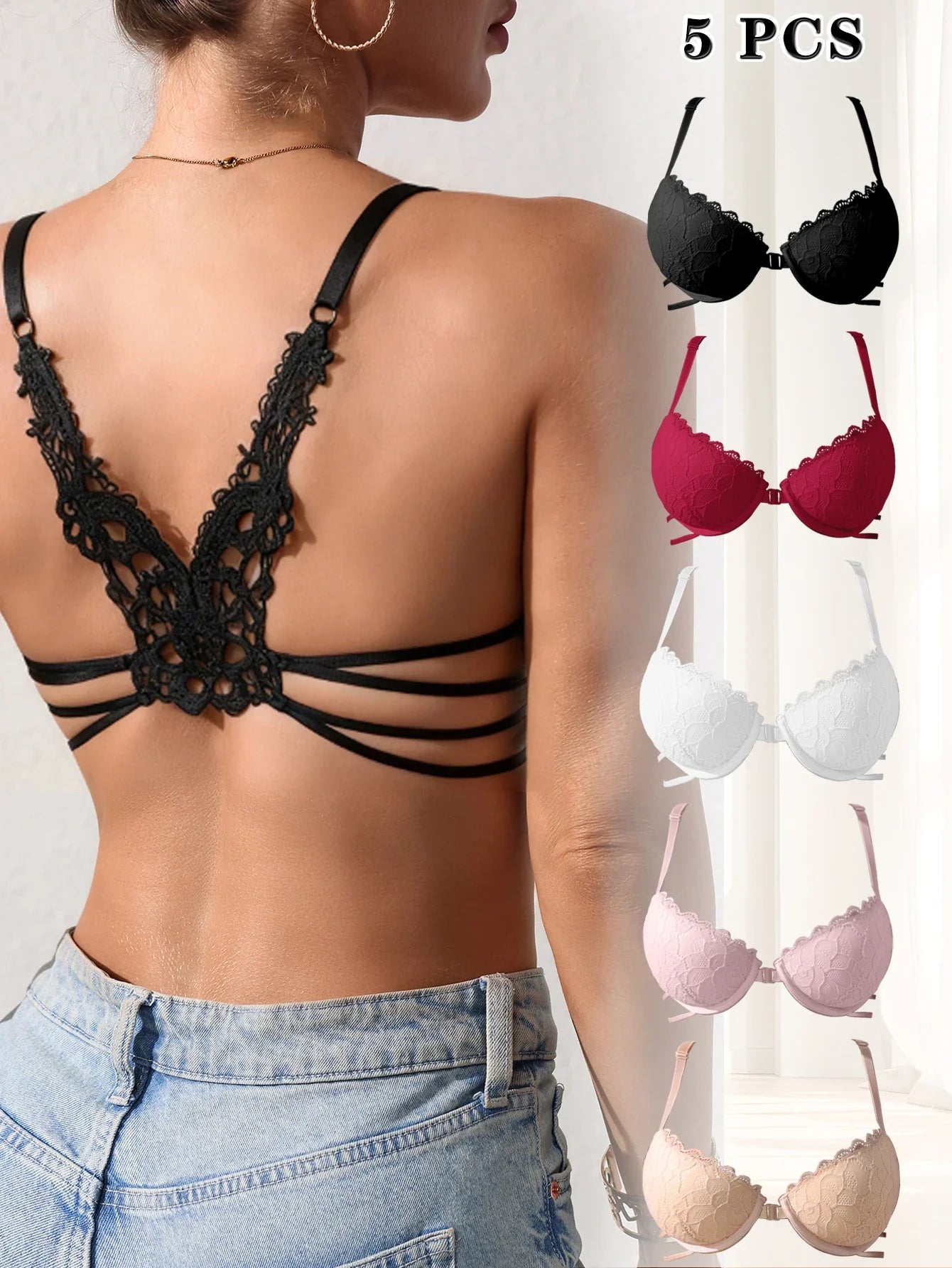 Lace Butterfly Back Front-Closure Push-Up Bra