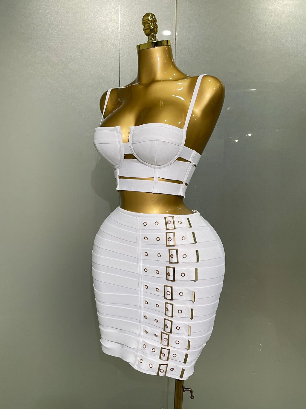 Sculpted Buckle Bandage Bustier & Multi-Buckle Grommet Hardware Bandage Mini Skirt Set