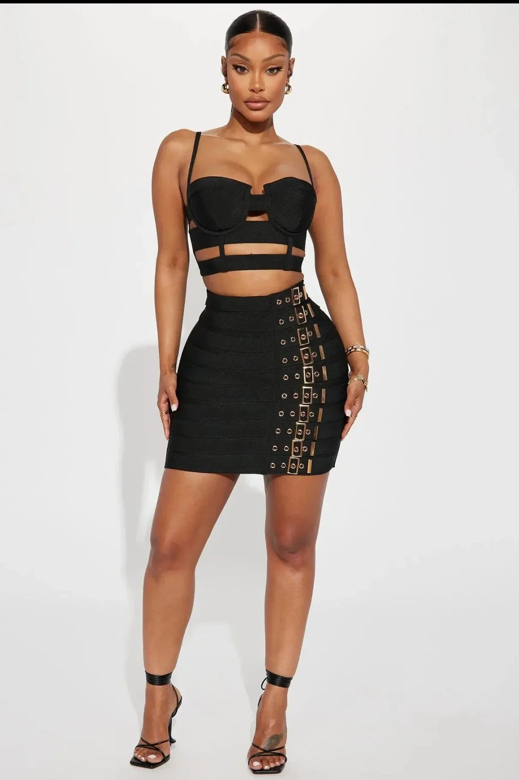 Sculpted Buckle Bandage Bustier & Multi-Buckle Grommet Hardware Bandage Mini Skirt Set