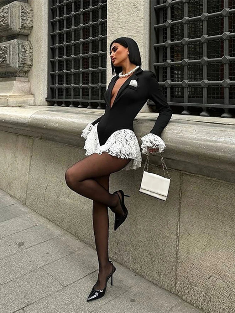 The Jacquard Ruffle Lapel Bodysuit