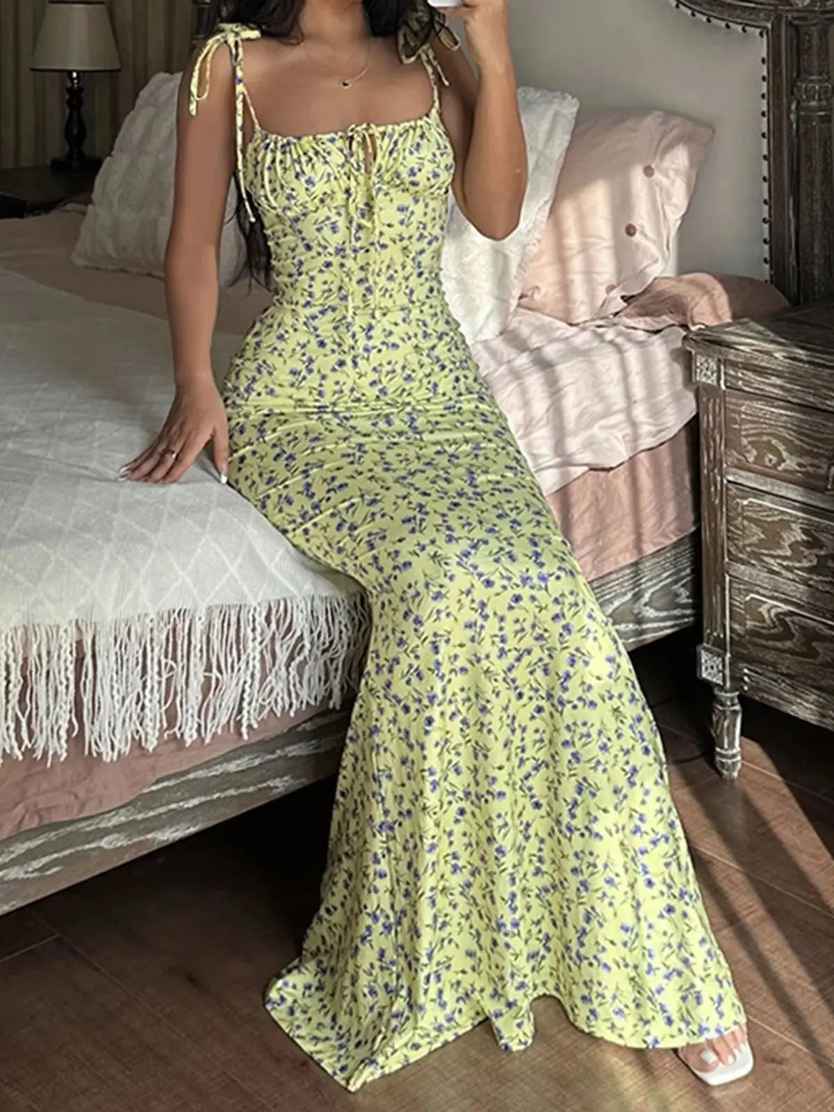 The Garden Rendezvous Floral Tie-Shoulder Midi Dress