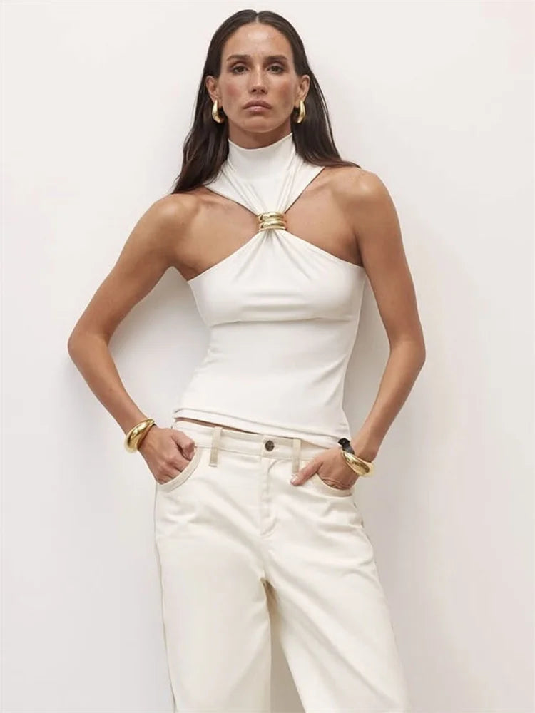 Mock Turtleneck Crossover Halter Tank Top with Gold Ring Detail