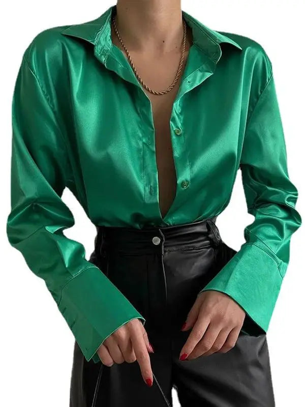 Satin Polo Collar Button-Up Blouse | Loose Fit Office Shirt