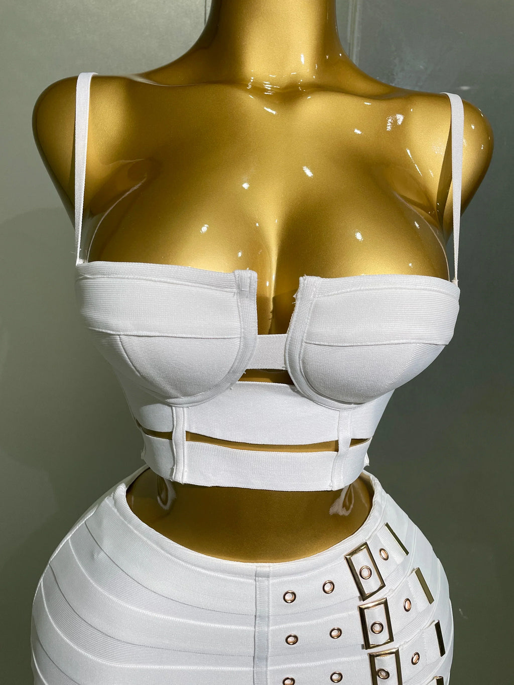 Sculpted Buckle Bandage Bustier & Multi-Buckle Grommet Hardware Bandage Mini Skirt Set
