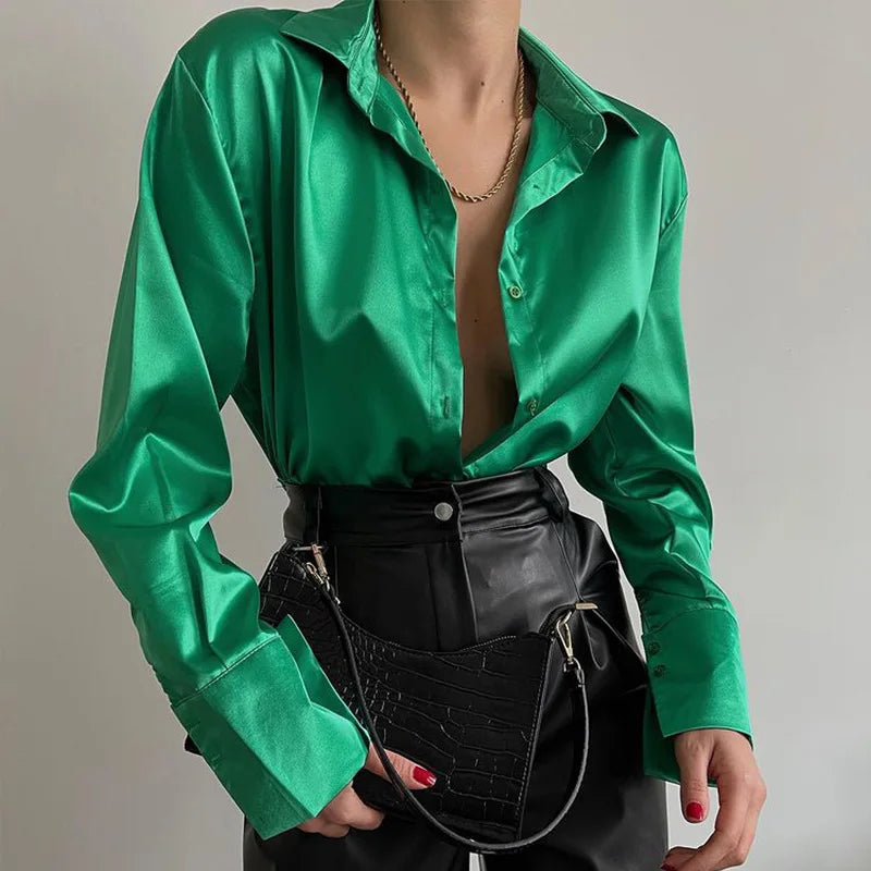 Satin Polo Collar Button-Up Blouse | Loose Fit Office Shirt