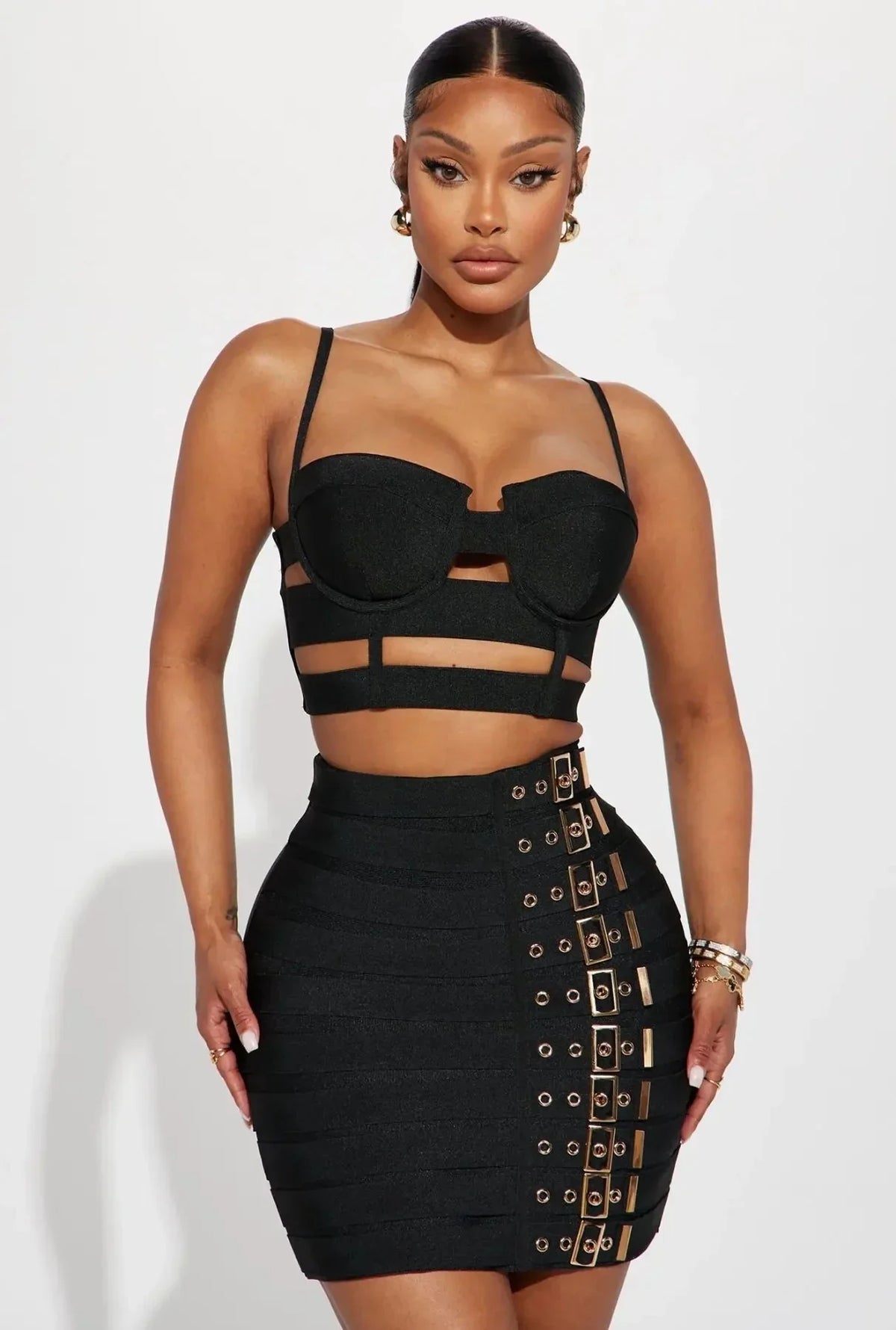 Sculpted Buckle Bandage Bustier & Multi-Buckle Grommet Hardware Bandage Mini Skirt Set
