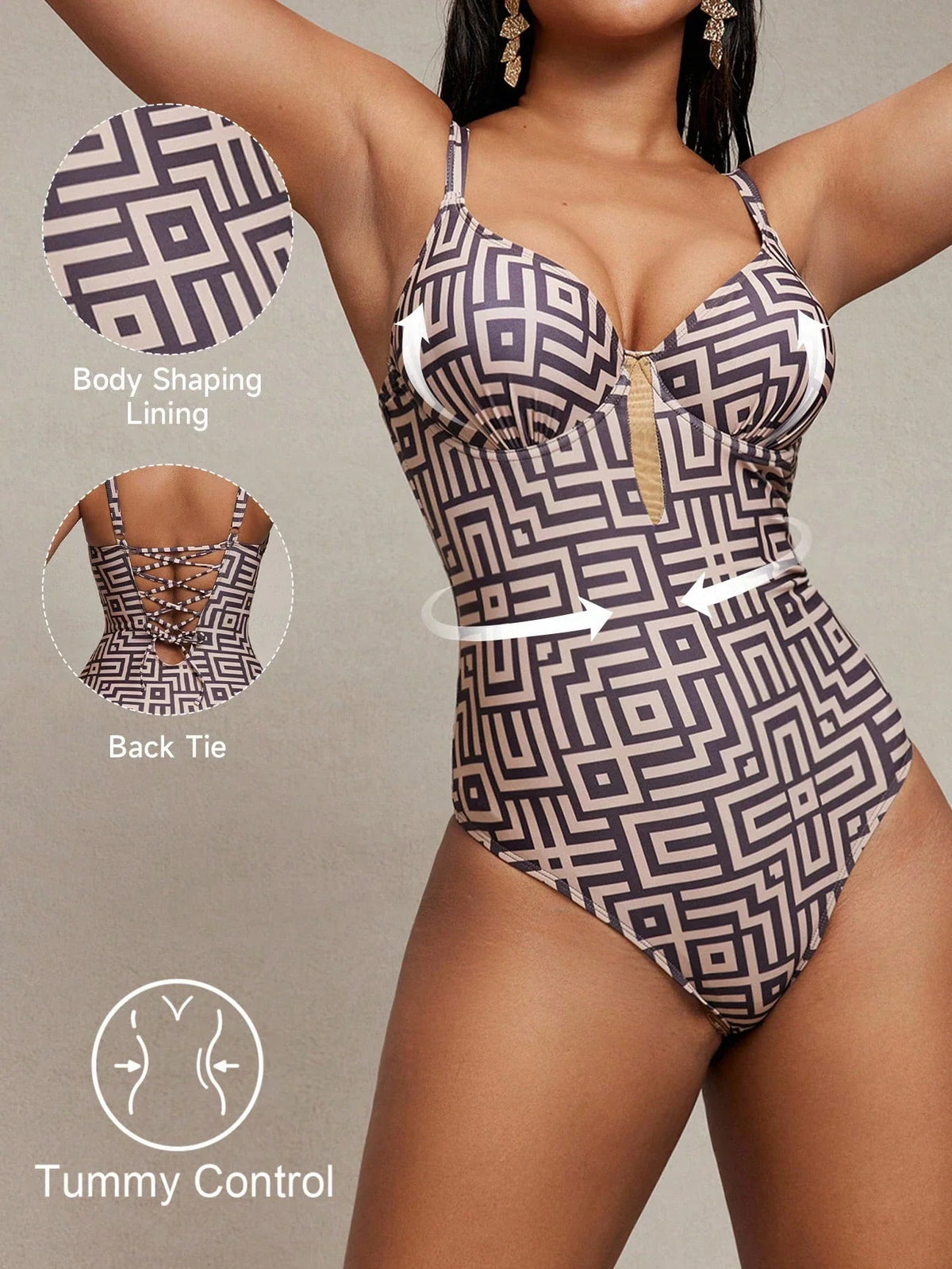 Daxiyee Coffee Geometry Lace-Up Swimsuit