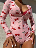 Cherry Print V-Neck Button Placket Long Sleeve Slim-Fit Cheeky Bodysuit Romper