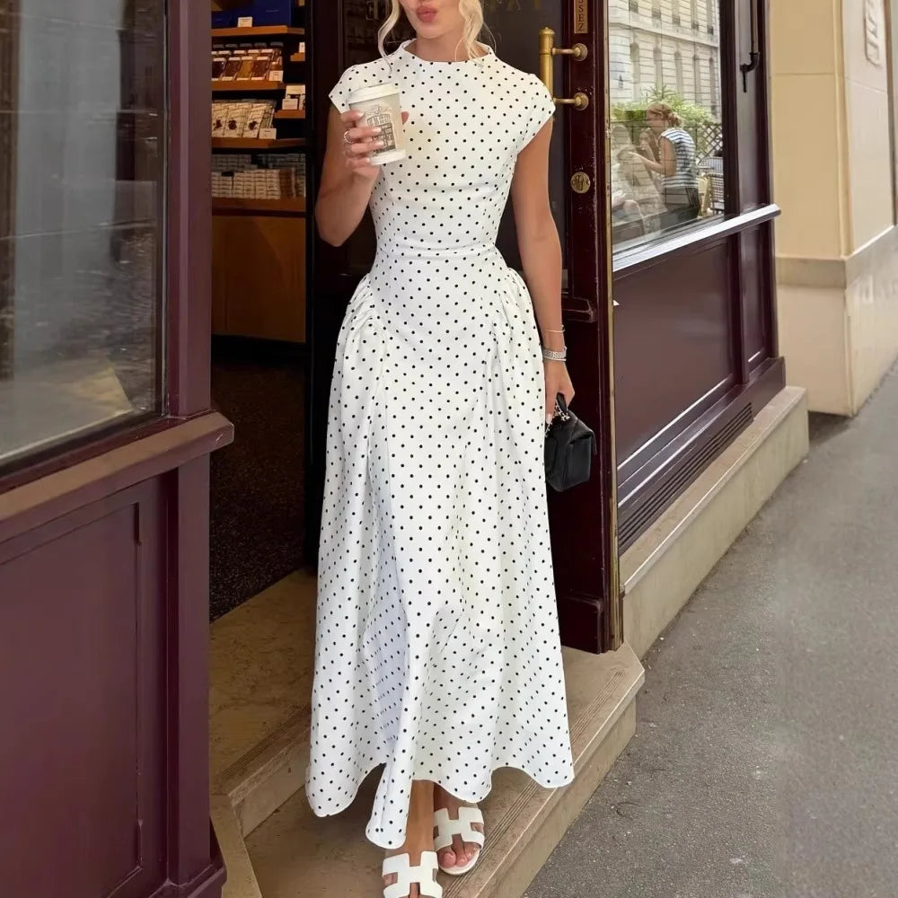 Polka Dot Round Neck Cap Sleeve Corset Waist A-Line Pleated Midi Dress