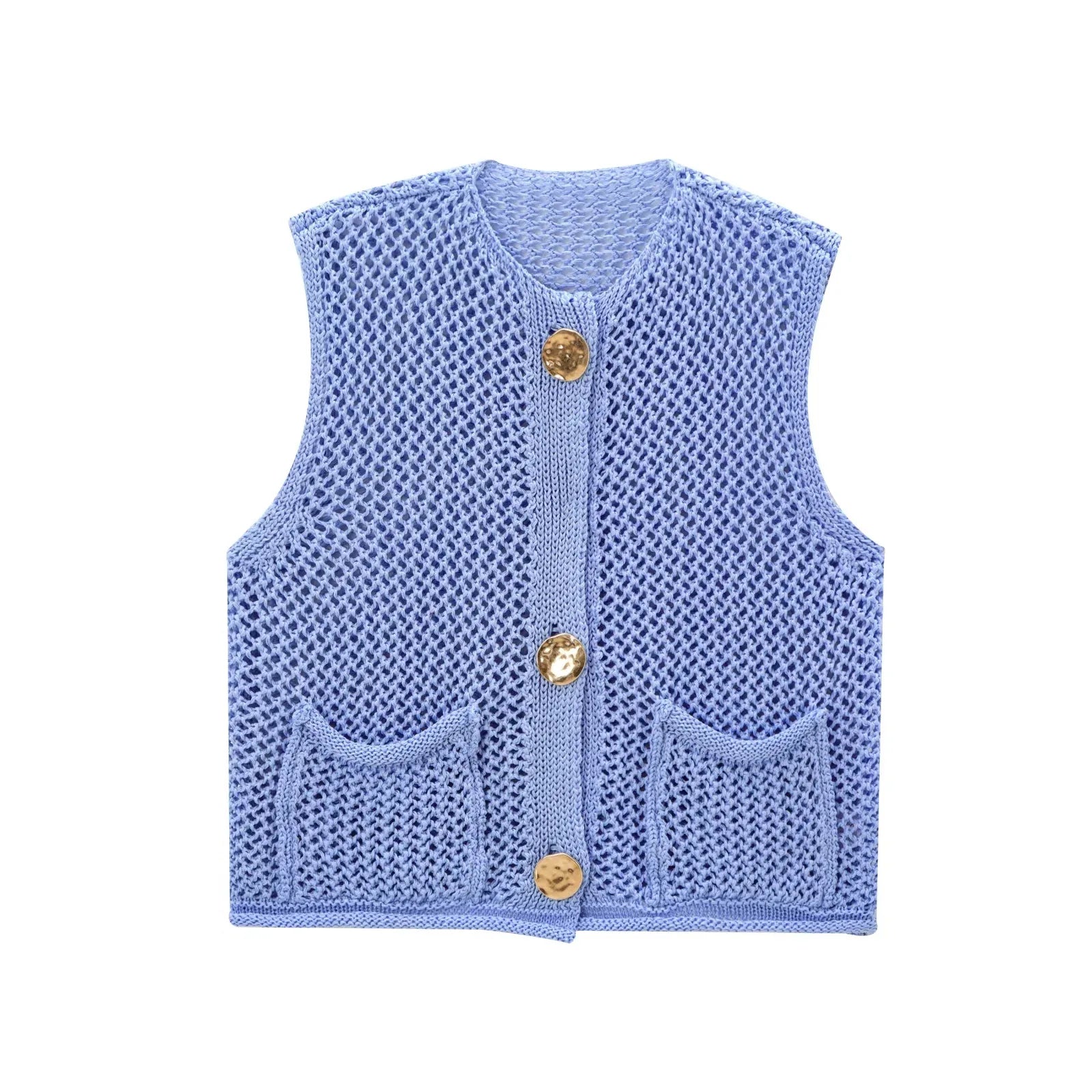 Open-Knit Crochet Button-Front Vest with Gold Buttons & Patch Pockets
