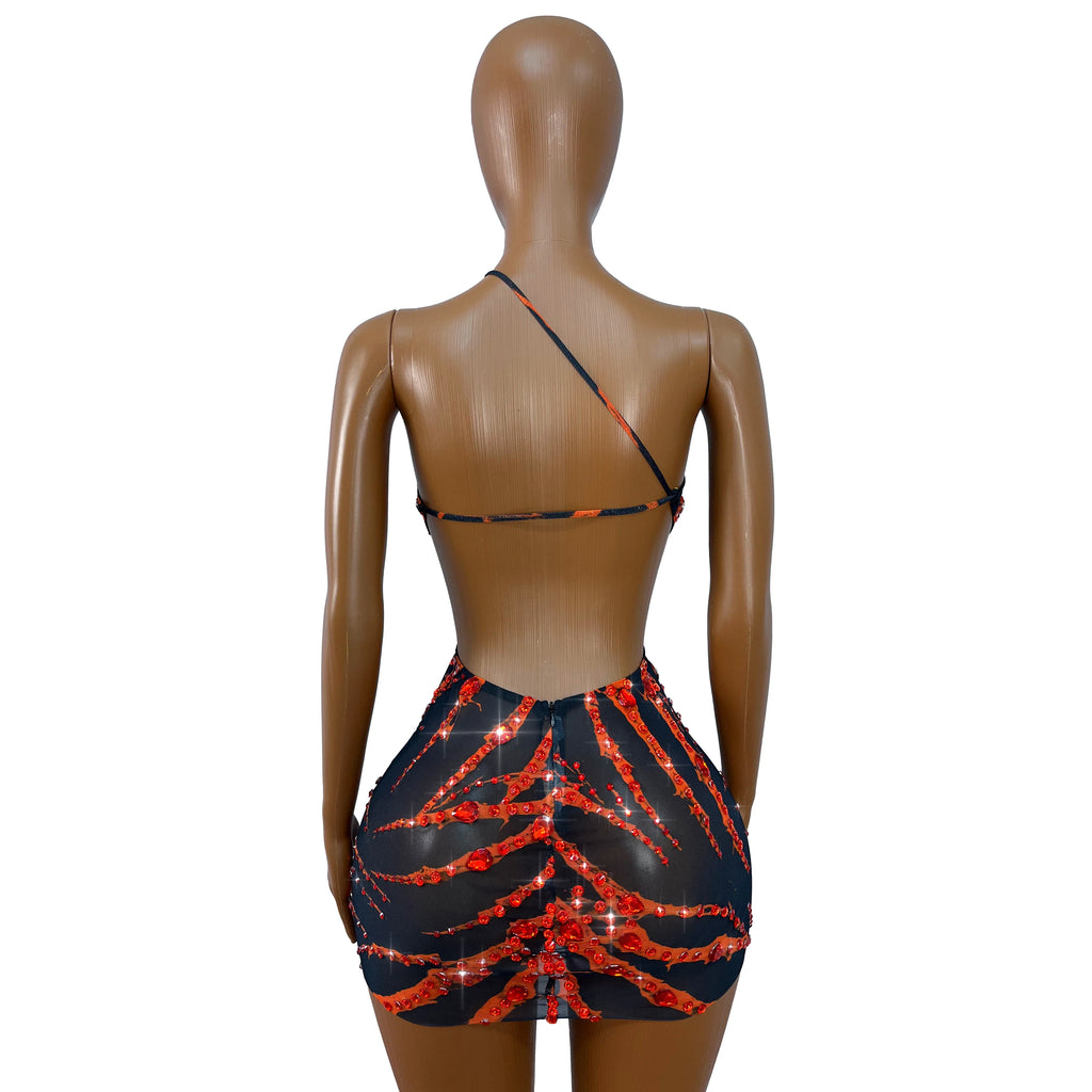 The Crimson Flame Rhinestone Mini Dress