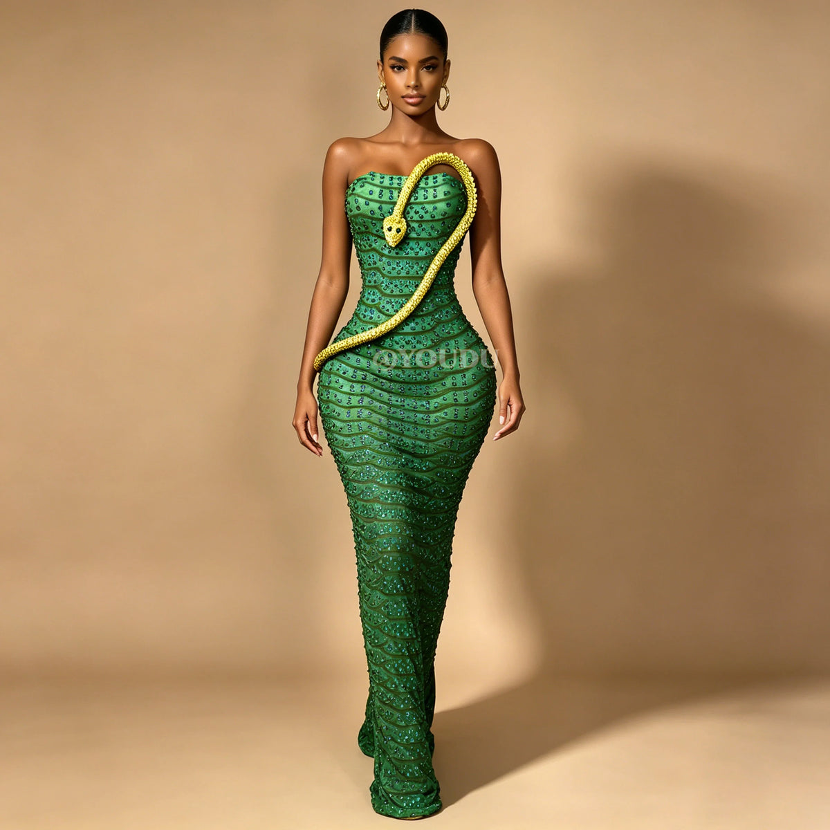 The Emerald Serpent Strapless Rhinestone Gown