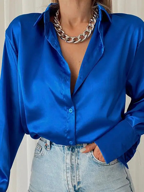 Satin Polo Collar Button-Up Blouse | Loose Fit Office Shirt