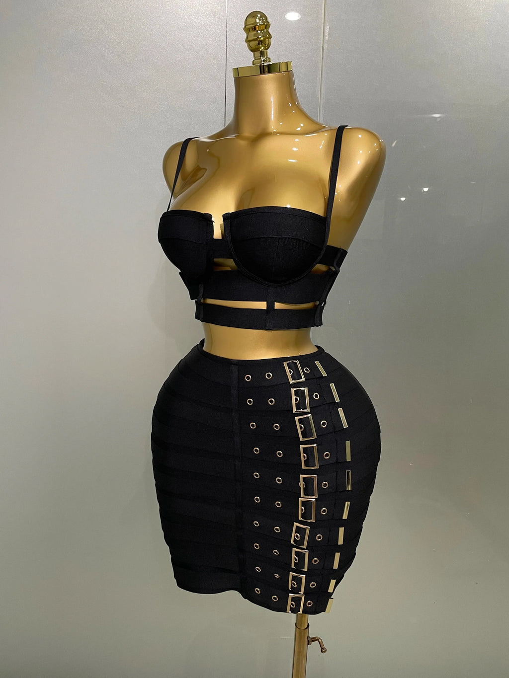 Sculpted Buckle Bandage Bustier & Multi-Buckle Grommet Hardware Bandage Mini Skirt Set