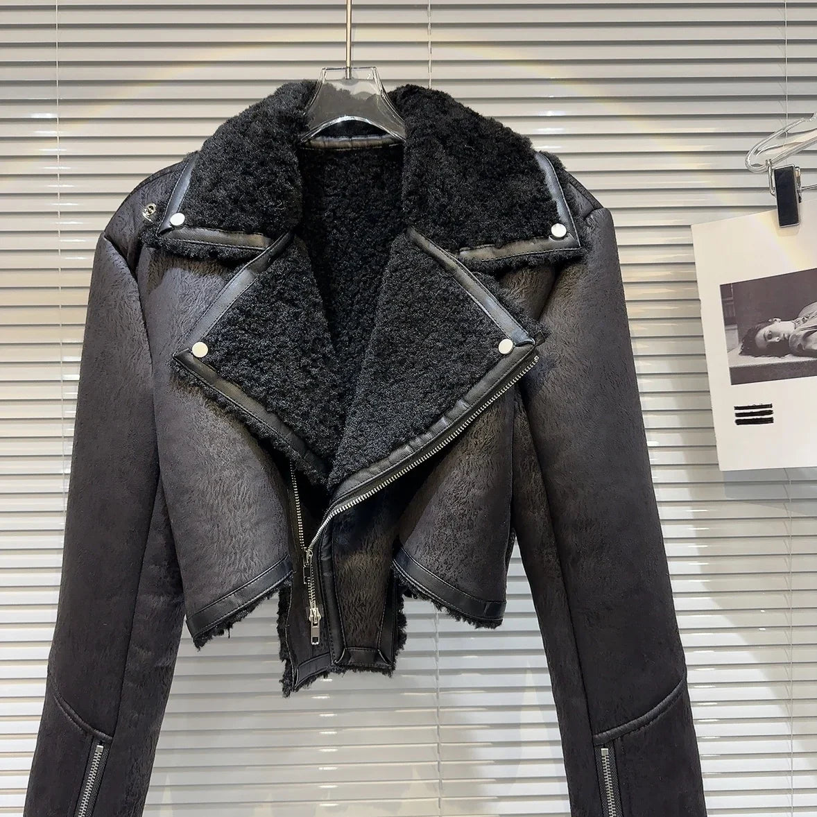 The Uptown Rebel Plush-Trim Moto Jacket