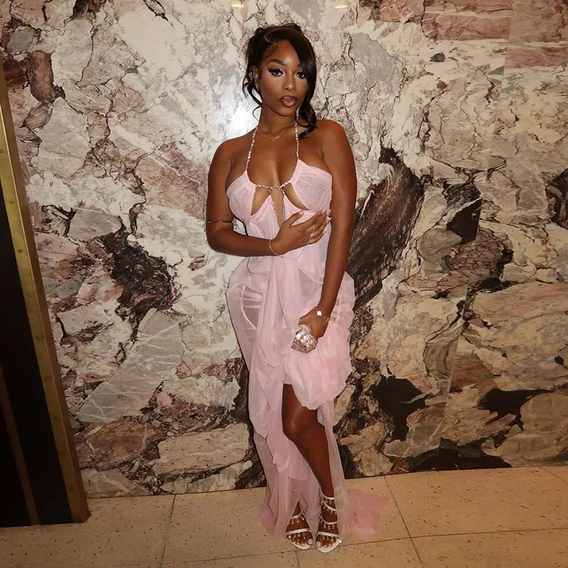 The Moonlit Muse Rhinestone Mesh Maxi Dress