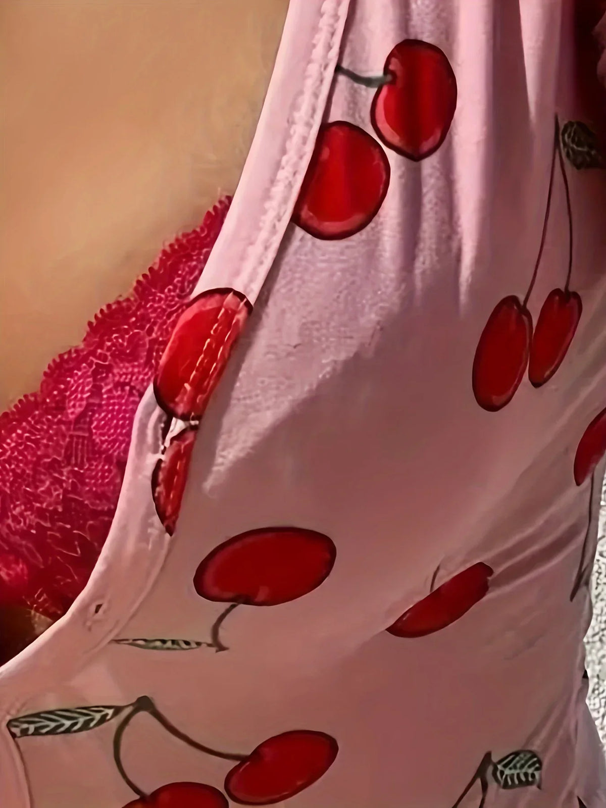 Cherry Print V-Neck Button Placket Long Sleeve Slim-Fit Cheeky Bodysuit Romper