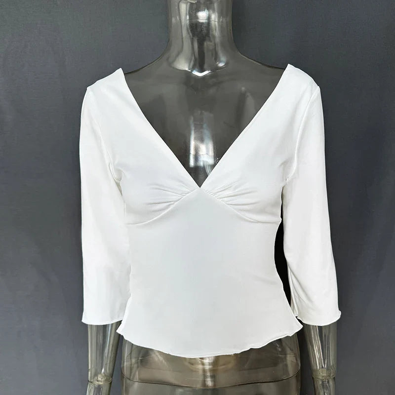 Deep V-Neck Ruched Bust Crop Top with Three-Quarter Sleeves