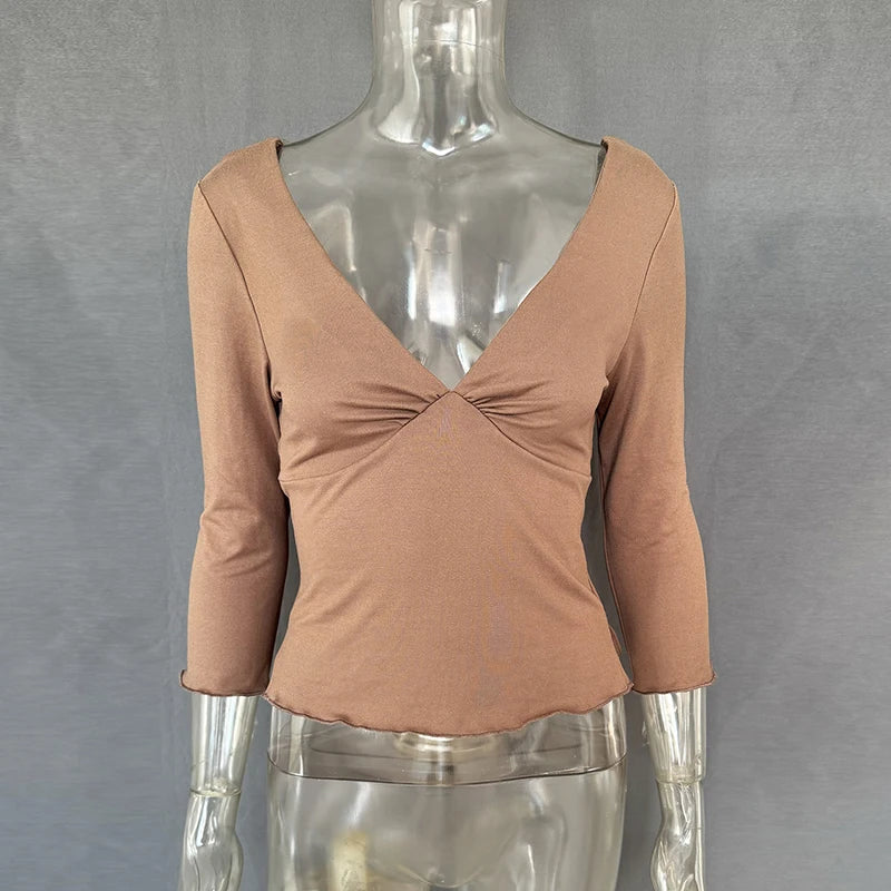 Deep V-Neck Ruched Bust Crop Top with Three-Quarter Sleeves