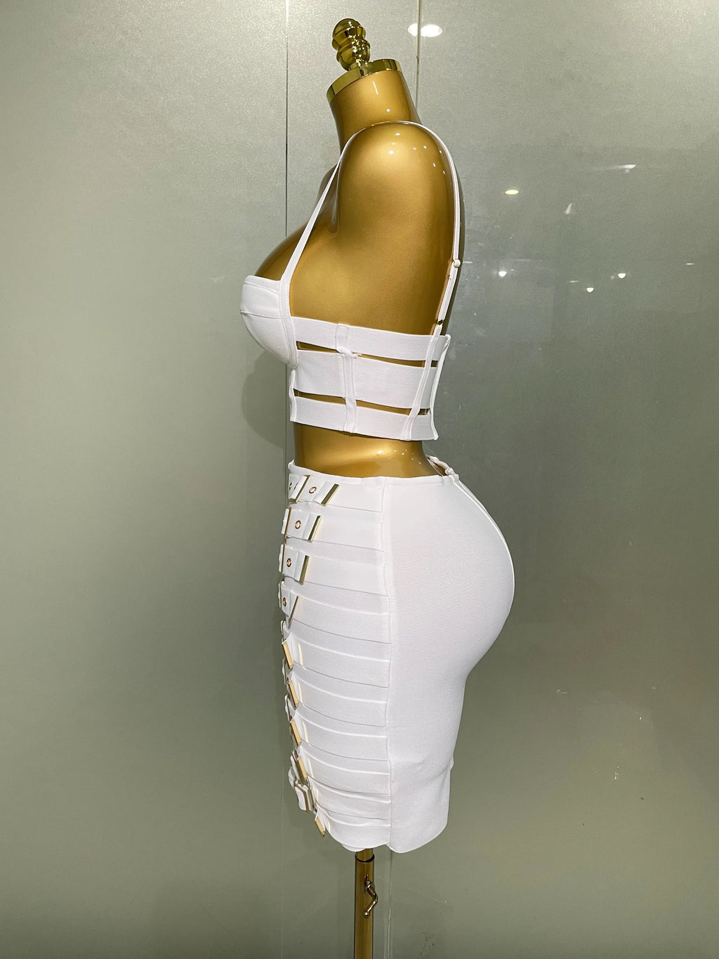 Sculpted Buckle Bandage Bustier & Multi-Buckle Grommet Hardware Bandage Mini Skirt Set