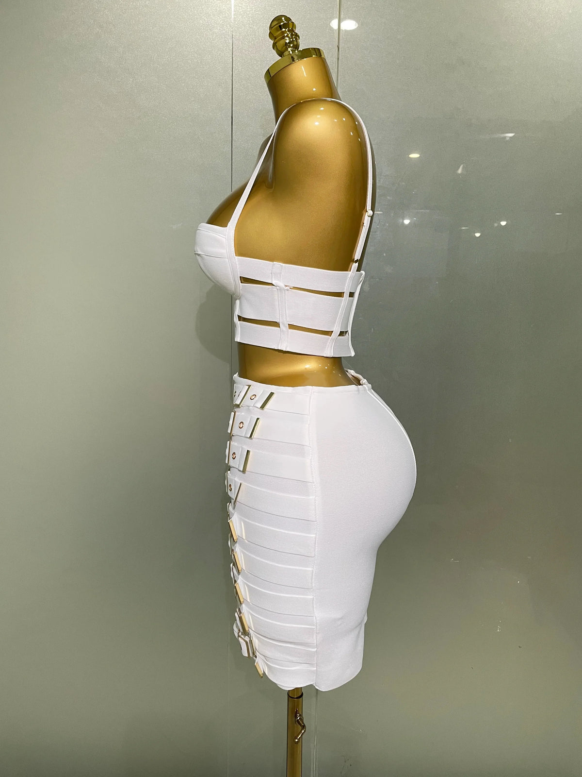 Sculpted Buckle Bandage Bustier & Multi-Buckle Grommet Hardware Bandage Mini Skirt Set