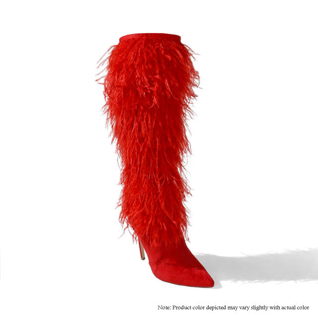 Ostrich Feather Stiletto Knee-High Boots by Liliana