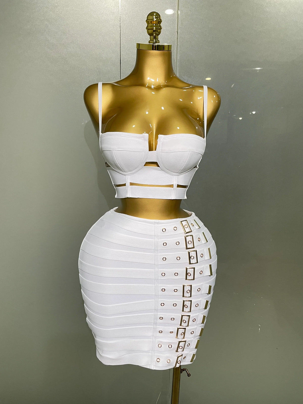 Sculpted Buckle Bandage Bustier & Multi-Buckle Grommet Hardware Bandage Mini Skirt Set