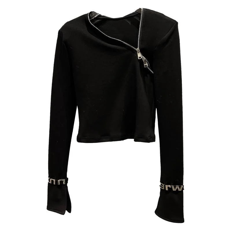 Asymmetric Zip Sculpt Long-Sleeve Top – Minimalist Streetwear Cutout Tee