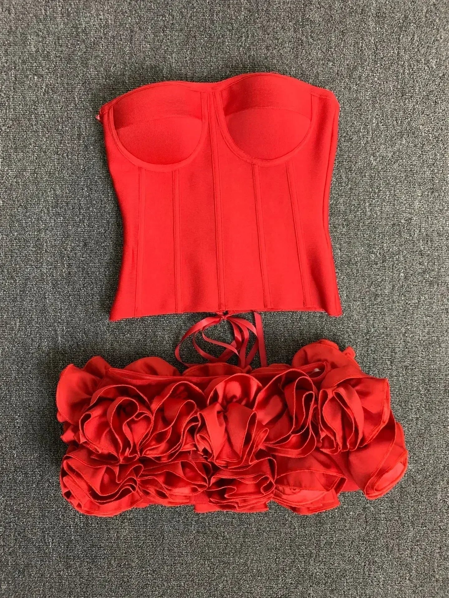 Strapless Bustier Mini Dress | 3D Floral Ruffle Hem Bandage Bodycon