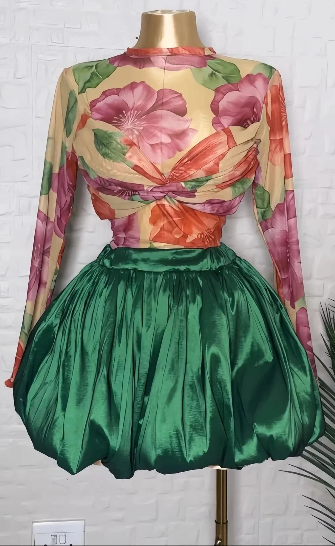 Floral Twist-Front Crop Top & Bubble Mini Skirt Set