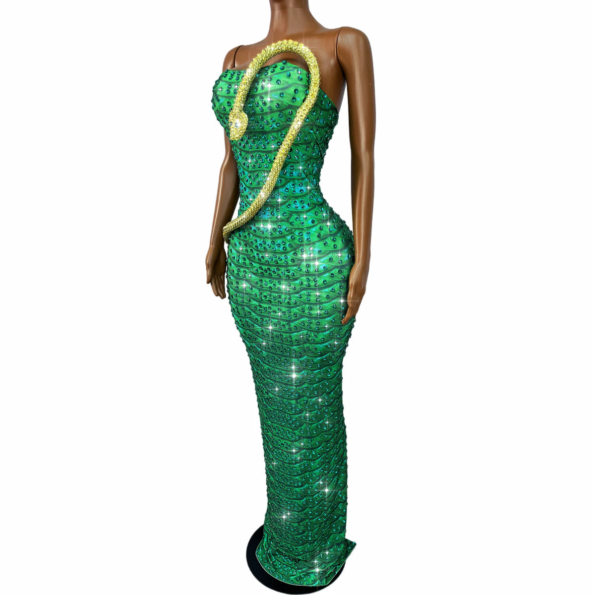The Emerald Serpent Strapless Rhinestone Gown