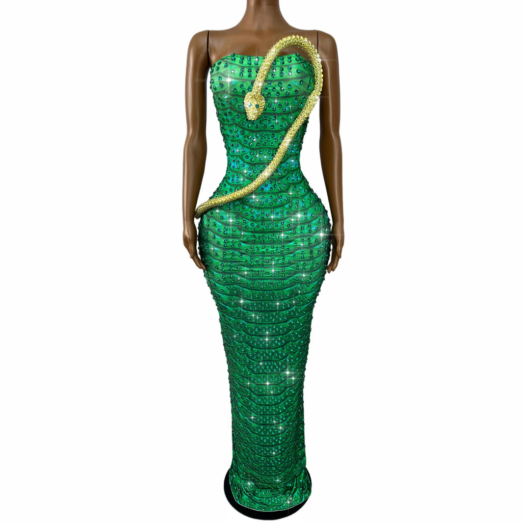 The Emerald Serpent Strapless Rhinestone Gown