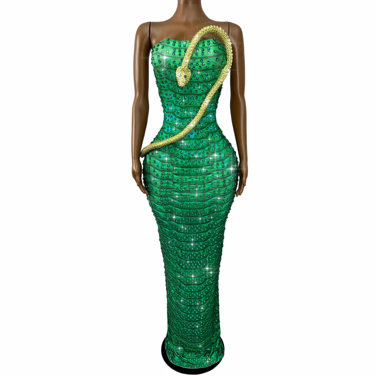 The Emerald Serpent Strapless Rhinestone Gown