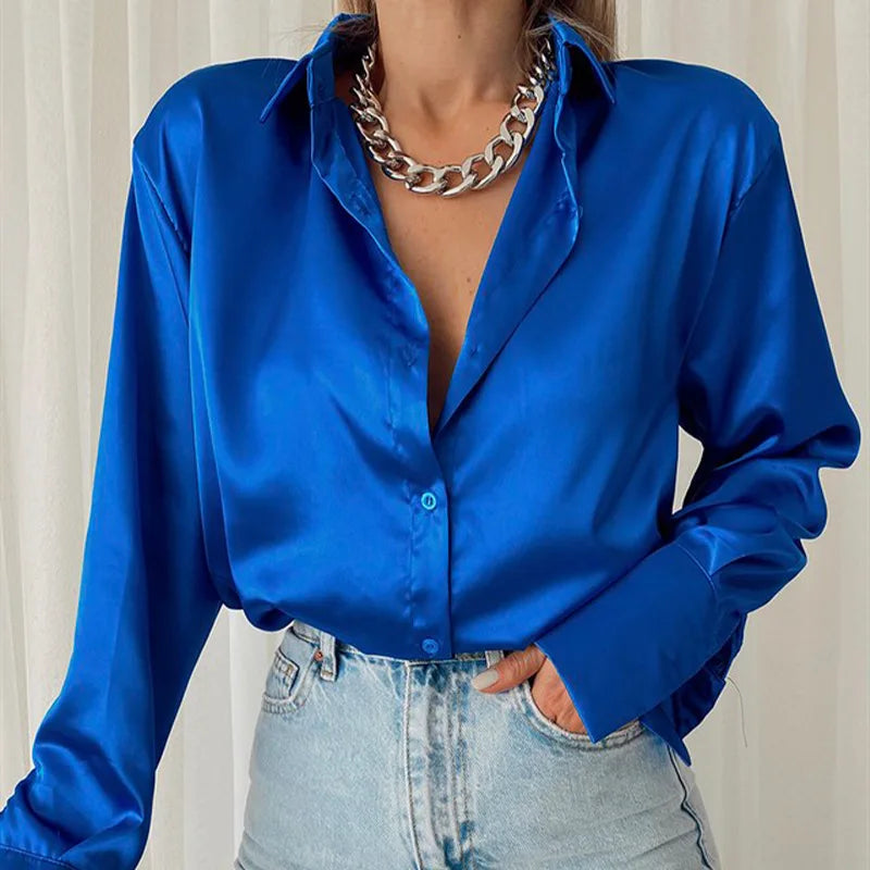 Satin Polo Collar Button-Up Blouse | Loose Fit Office Shirt