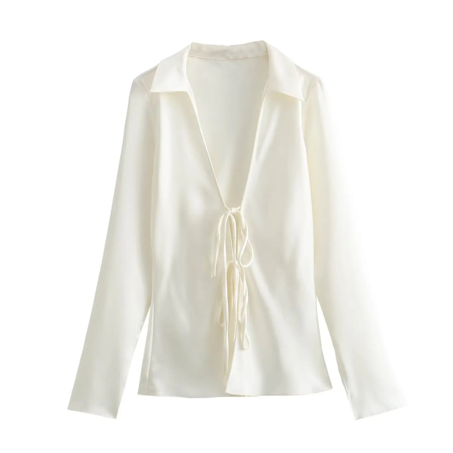 Satin Bow-Tie Blouse | Long Sleeve V-Neck Slim Silky Top
