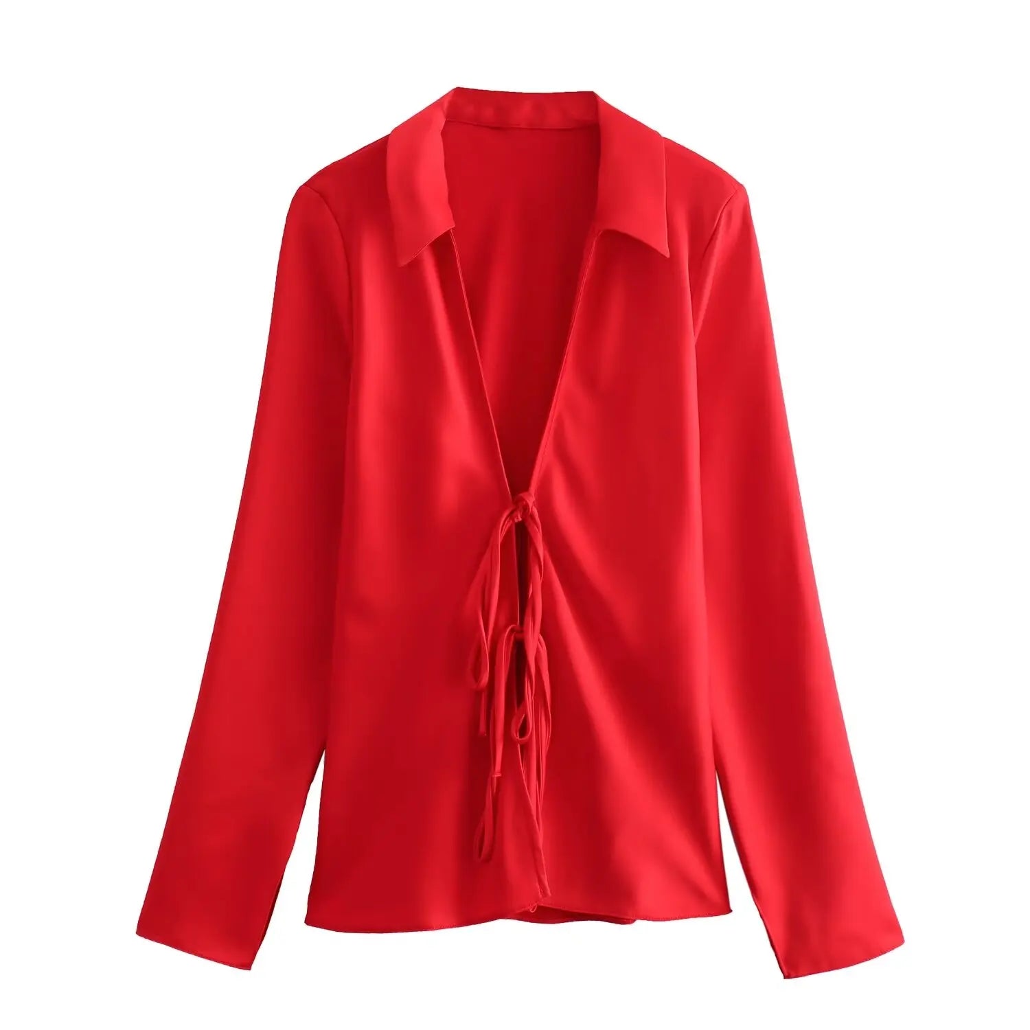 Satin Bow-Tie Blouse | Long Sleeve V-Neck Slim Silky Top