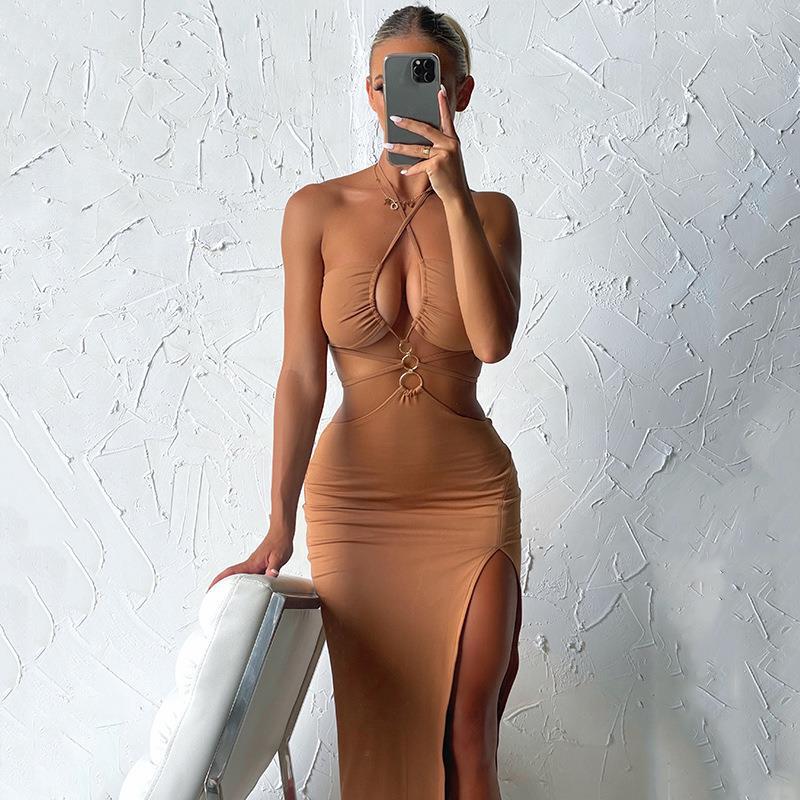Halter Neck Cutout Lace-Up Ring-Detail High-Slit Maxi Dress