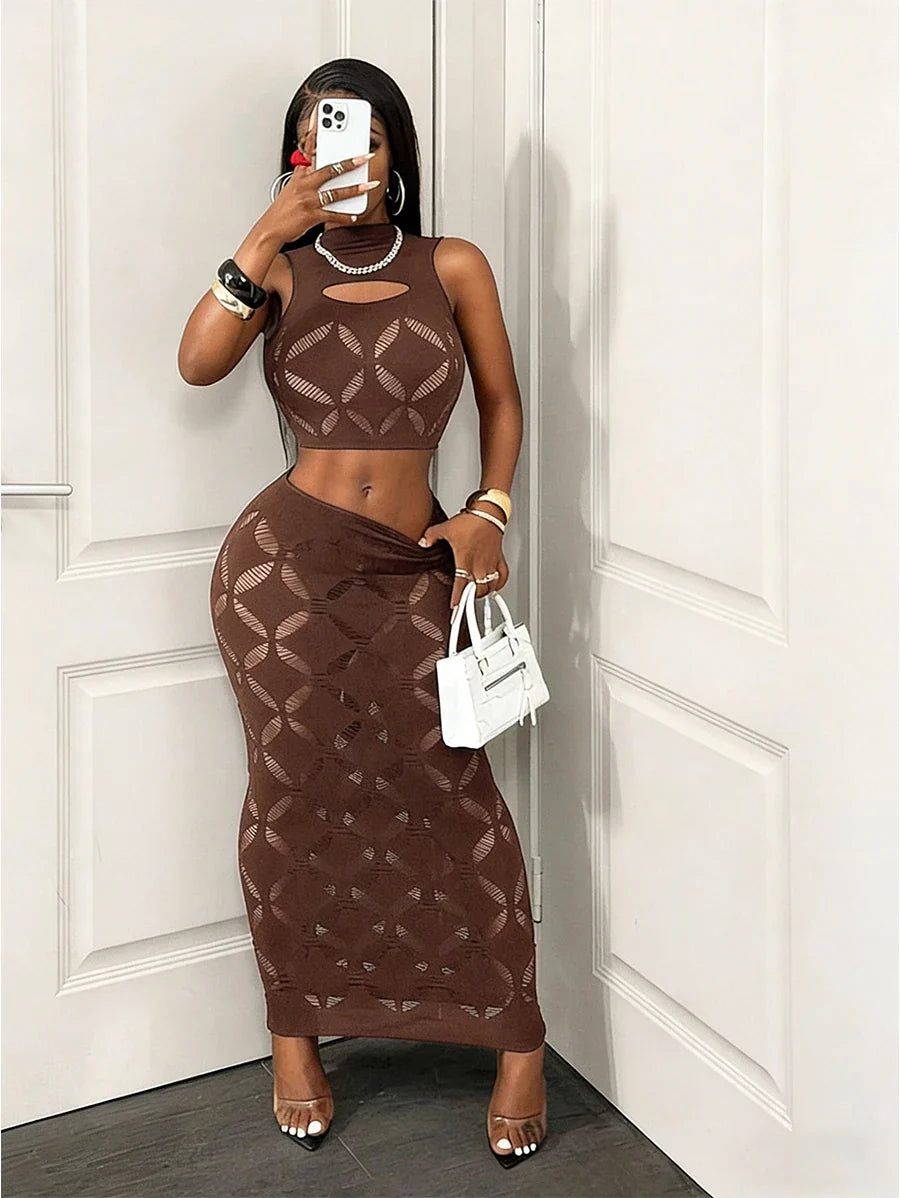 The Plus Size Mesh Hollow Out Mini Skirt Set