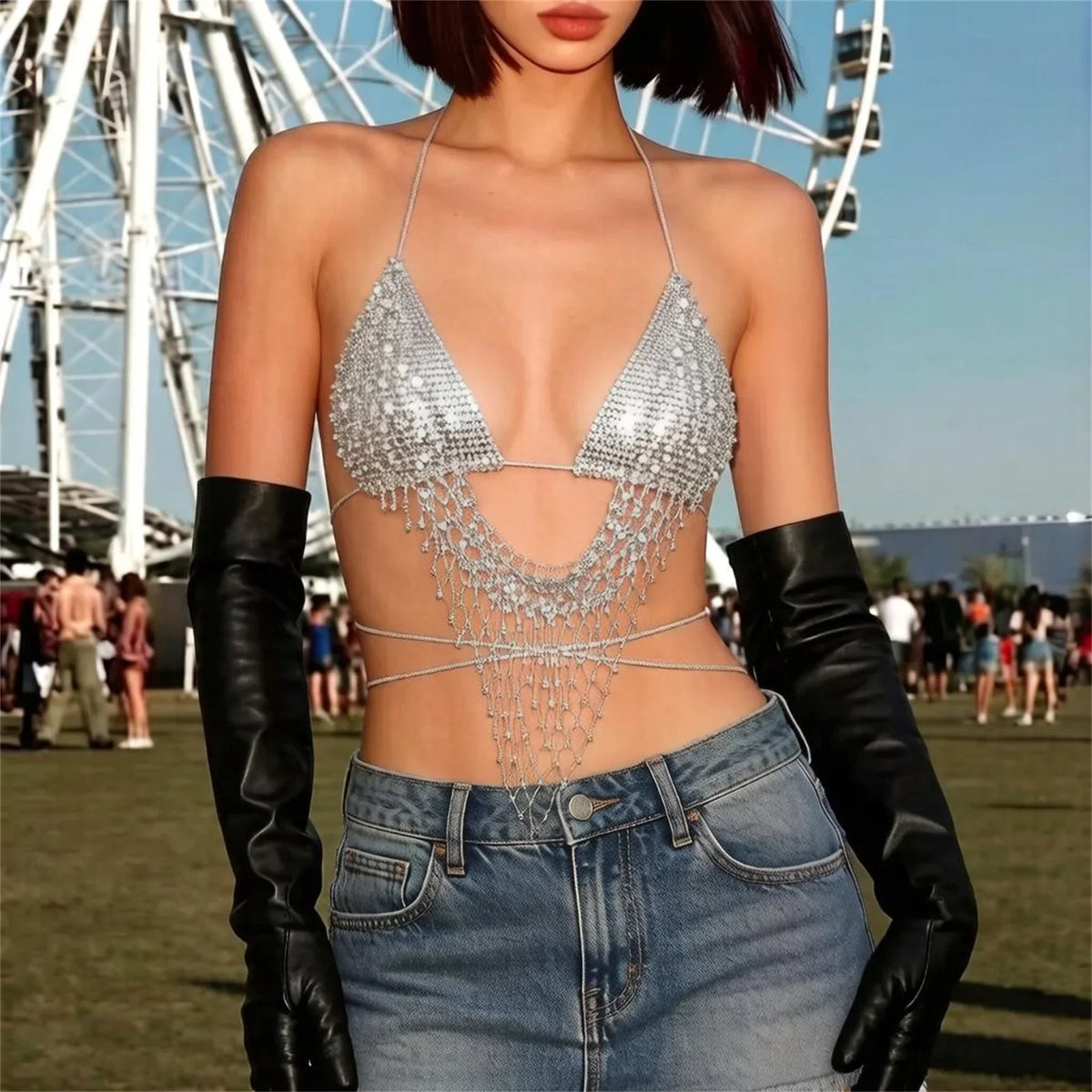 The Glitter Rhinestone Tassel Halter Top