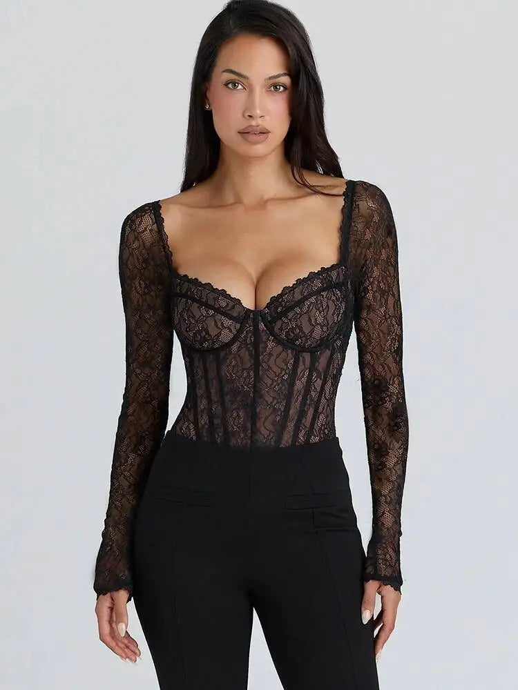 The Sheer Lace Square Collar Bodysuit