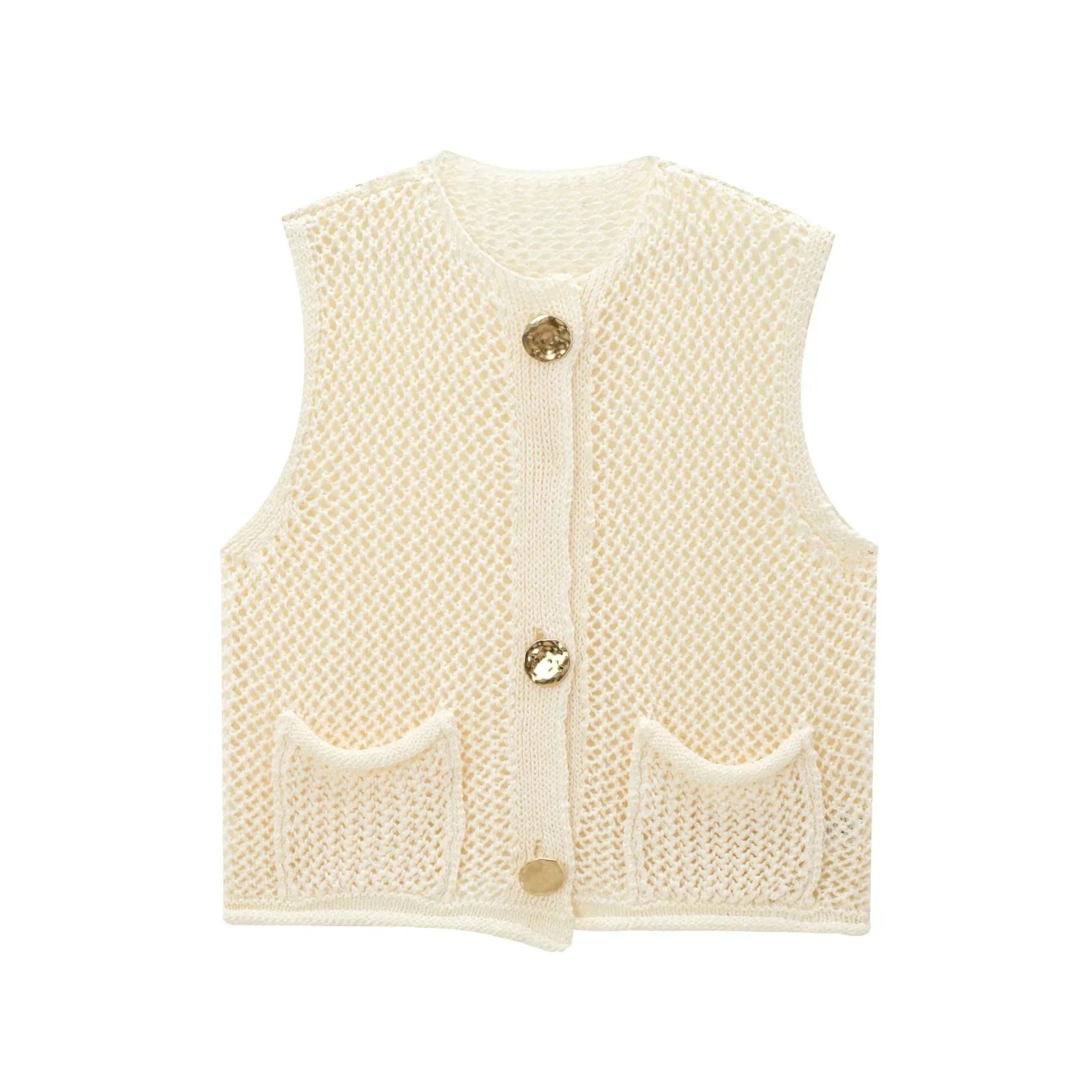 Open-Knit Crochet Button-Front Vest with Gold Buttons & Patch Pockets