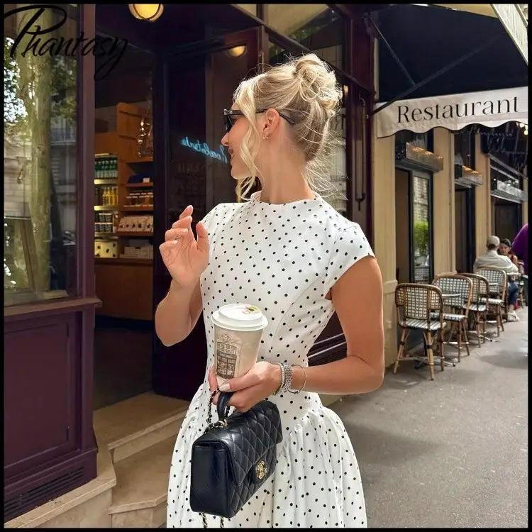 Polka Dot Round Neck Cap Sleeve Corset Waist A-Line Pleated Midi Dress