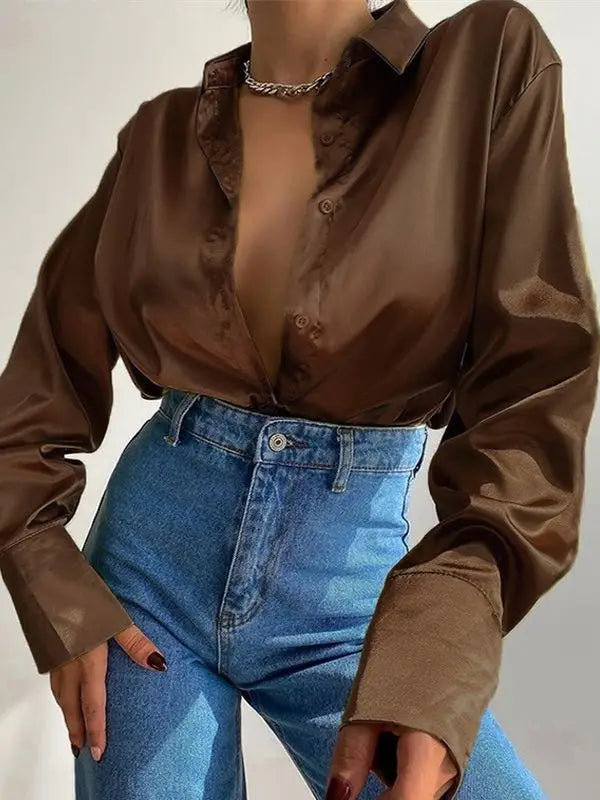 Satin Polo Collar Button-Up Blouse | Loose Fit Office Shirt