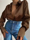 Satin Polo Collar Button-Up Blouse | Loose Fit Office Shirt