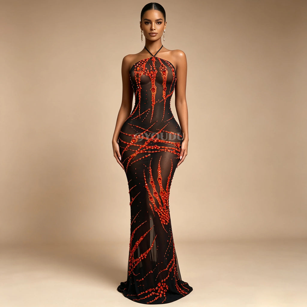 The Crimson Spotlight Rhinestone Halter Gown