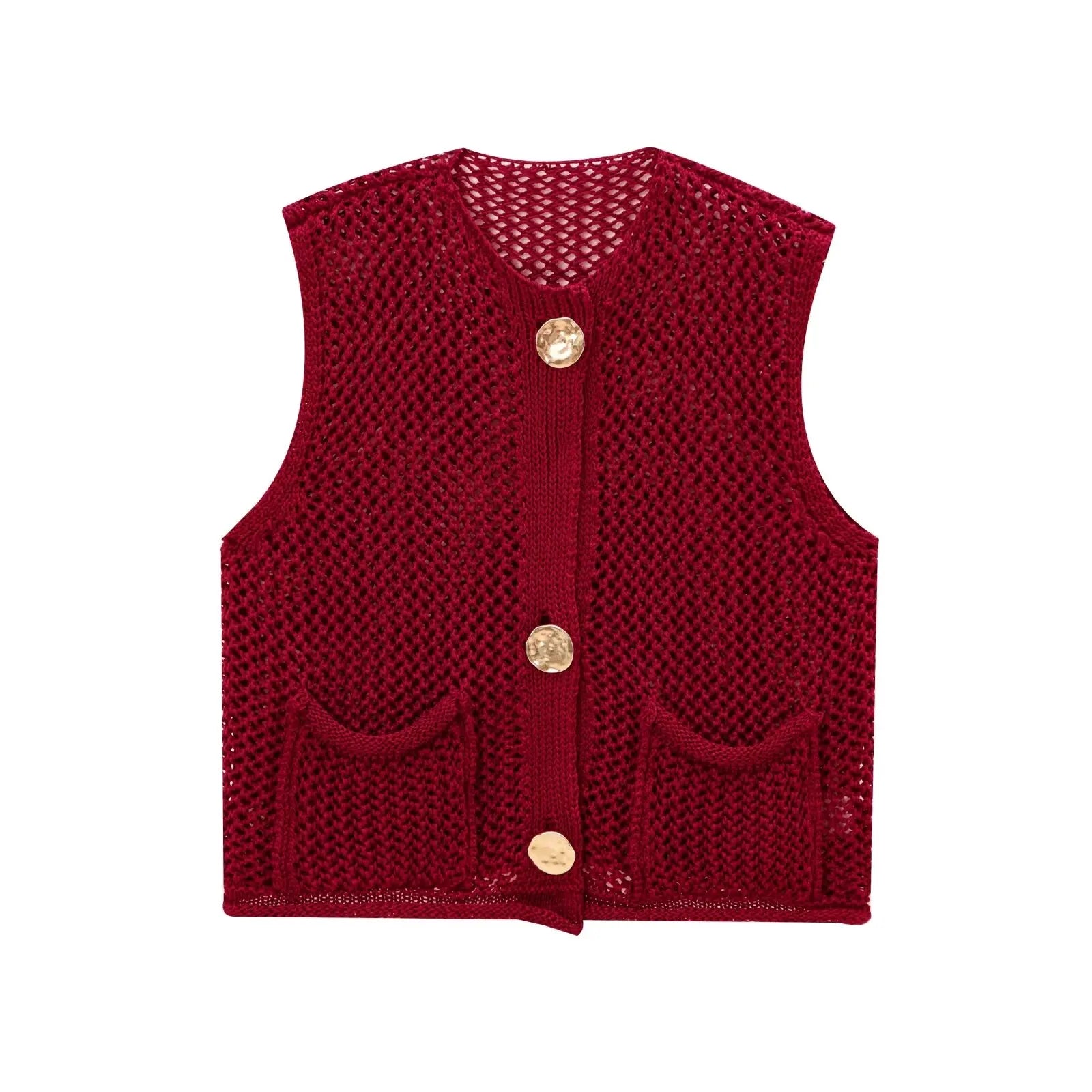Open-Knit Crochet Button-Front Vest with Gold Buttons & Patch Pockets